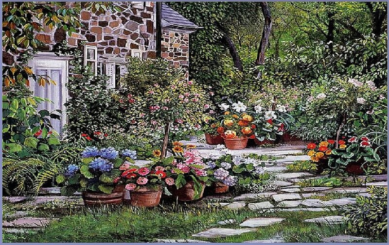 Garden with Potted Flowers — Green