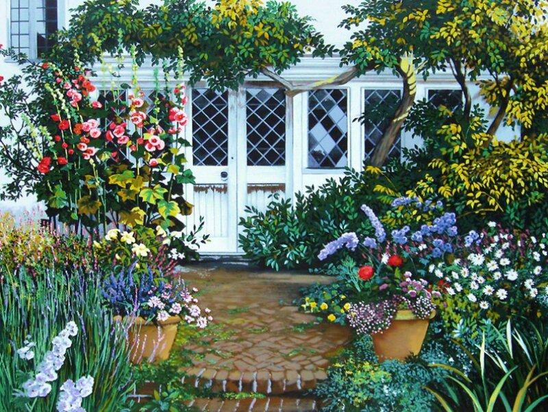 Garden with Potted Flowers