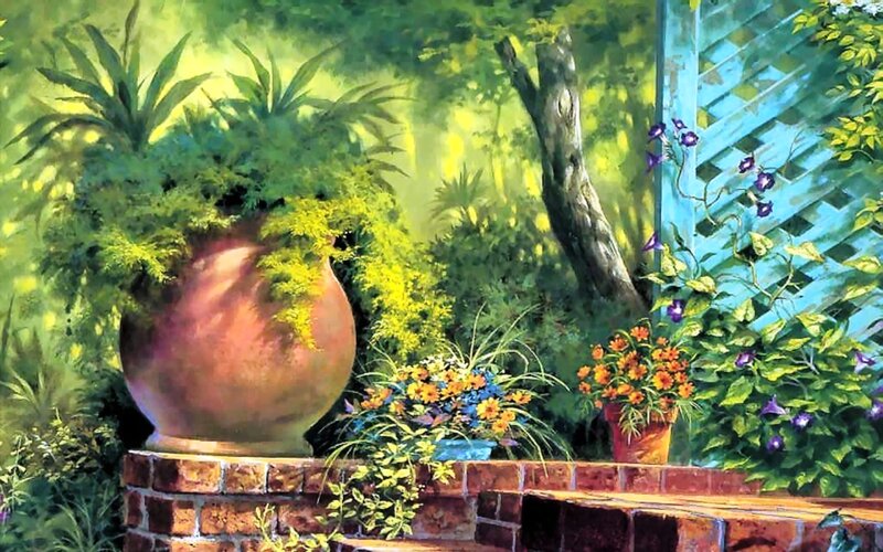 Garden with Potted Plants — Green