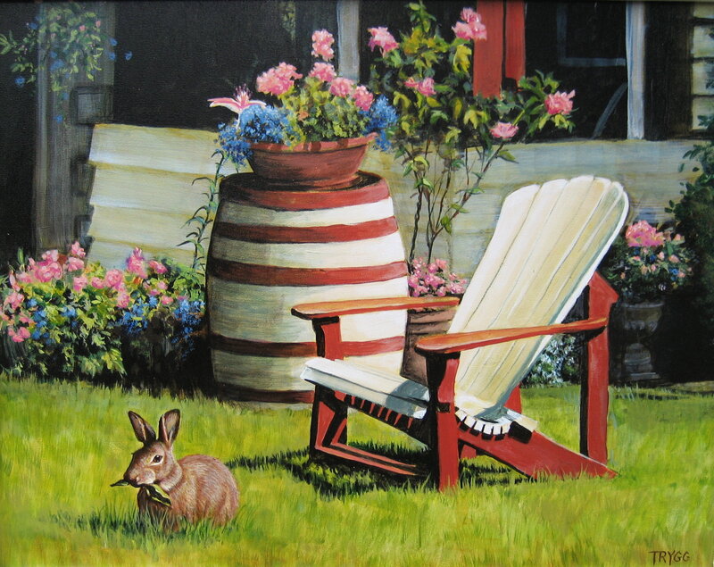 Garden with rabbit and Adirondack chair