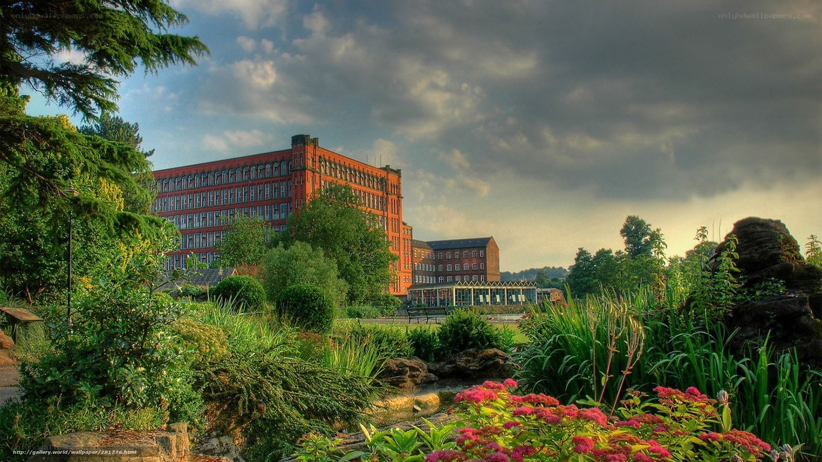 Garden with red brick building