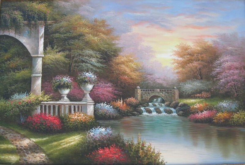 Garden with River and Bridge