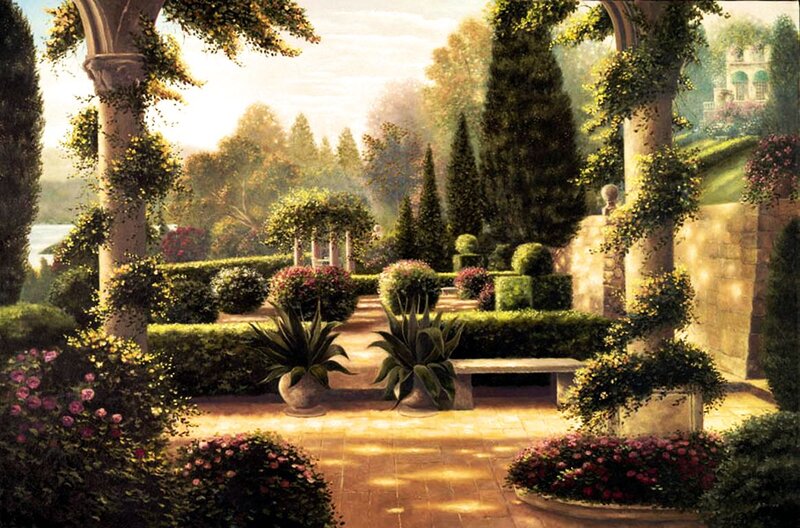 Garden with Stone Arches — Green, Serene, Afternoon
