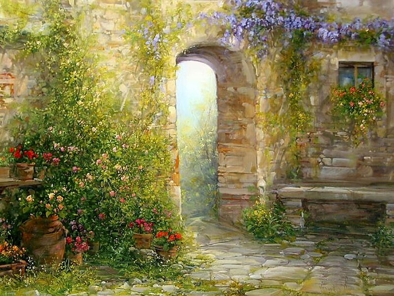 Garden with Stone Archway — Green, Serene, Afternoon