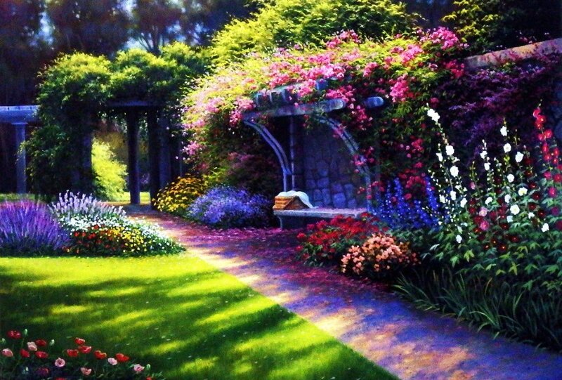 Garden with Stone Bench — Green, Serene, Afternoon