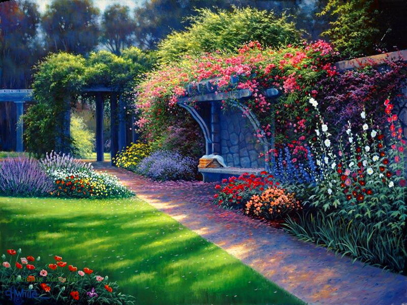 Garden with Stone Bench — Green