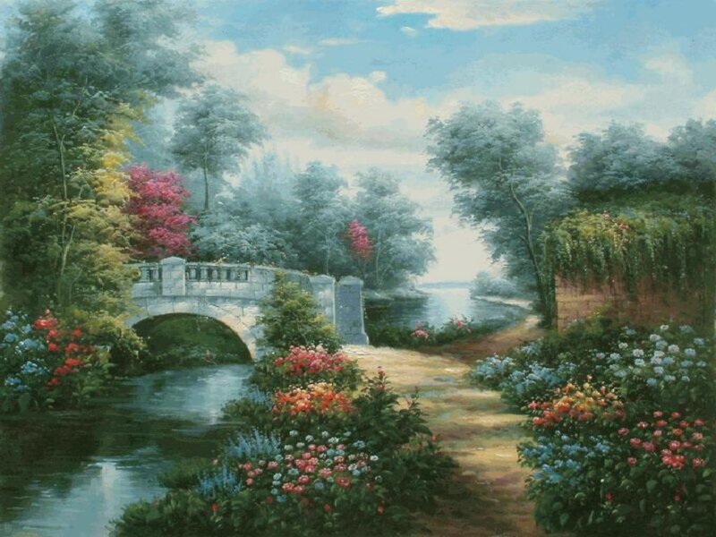 Garden with stone bridge