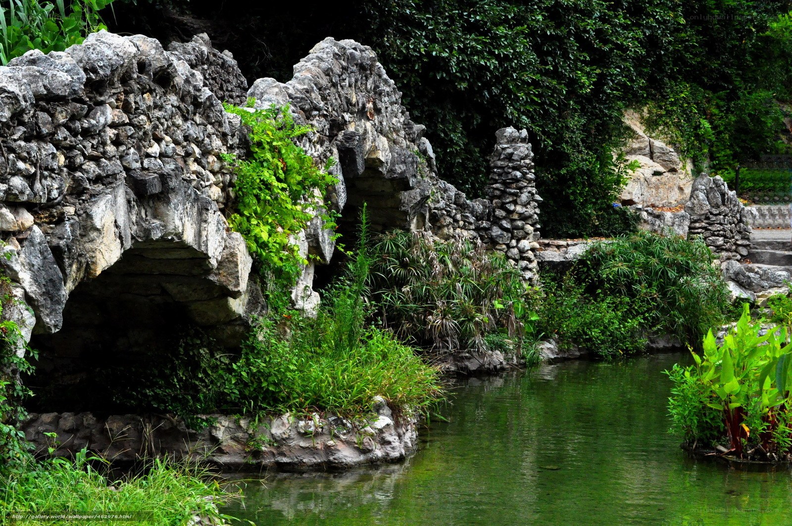 Garden with stone bridge and pond