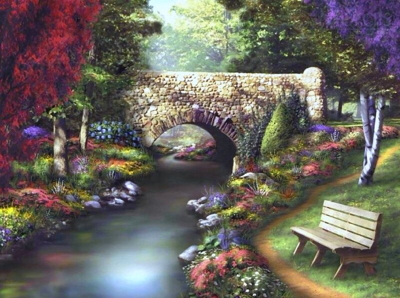 Garden with Stone Bridge — Green, Serene, Afternoon, Painting, Bench