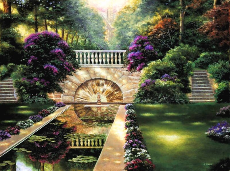 Garden with Stone Bridge — Green, Serene, Afternoon, Painting, Flowers