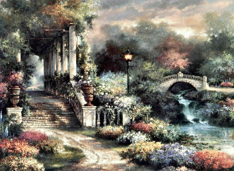 Garden with Stone Bridge — Green, Serene, Afternoon, Painting, River, Lamp Post