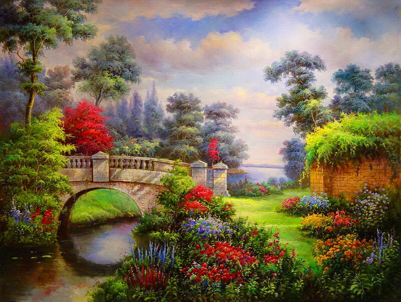 Garden with Stone Bridge — Green, Serene, Afternoon, Painting, River