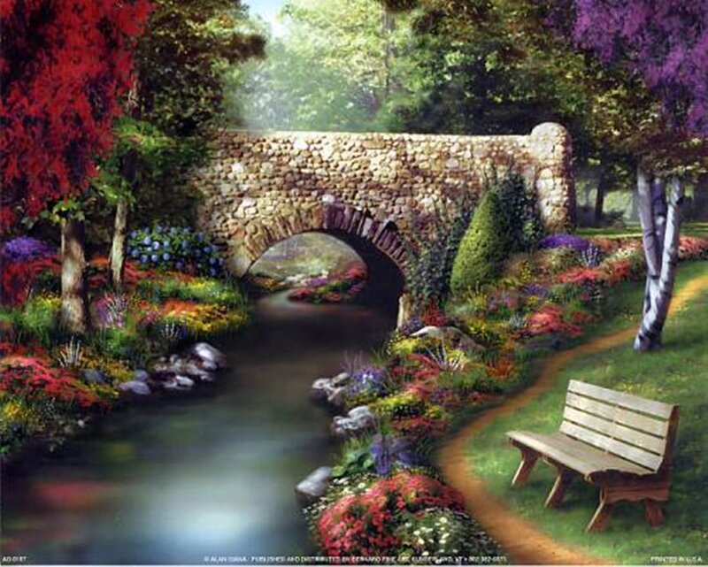 Garden with Stone Bridge — Green, Serene, Afternoon, Painting