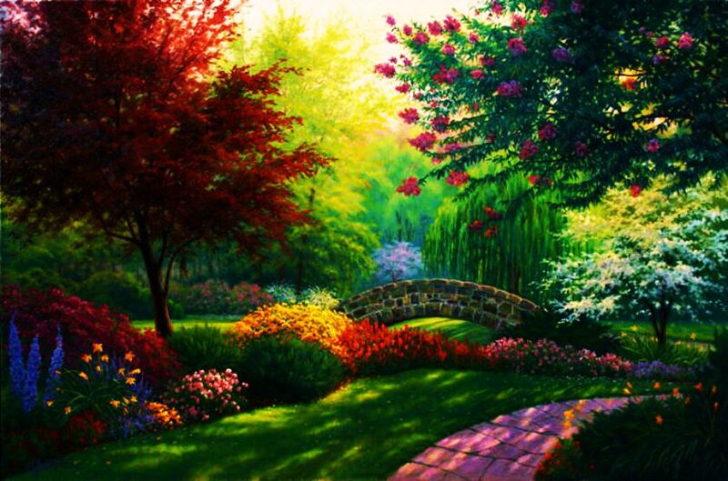 Garden with Stone Bridge — Green, Serene, Afternoon, Painting, Trees, Flowers