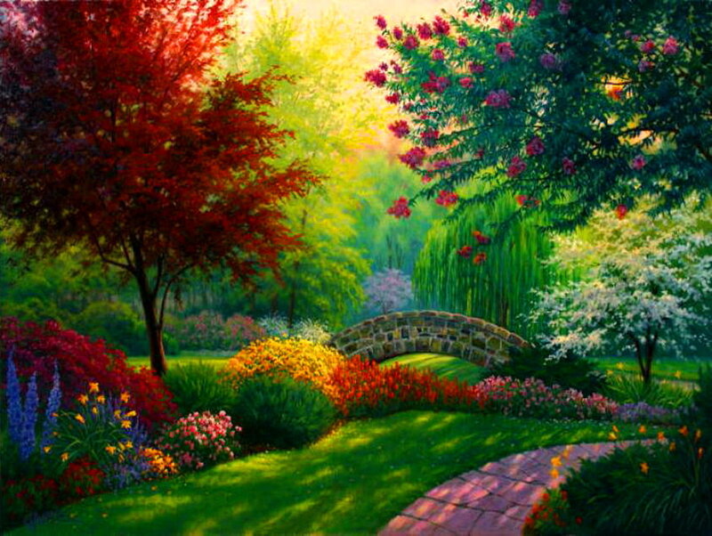 Garden with Stone Bridge — Green, Serene, Afternoon, Painting, Trees