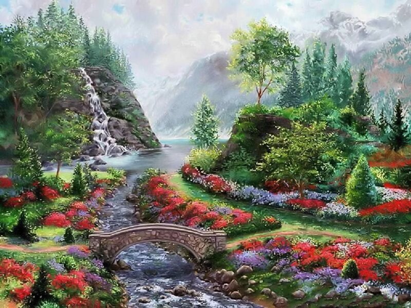 Garden with Stone Bridge — Green, Serene, Afternoon