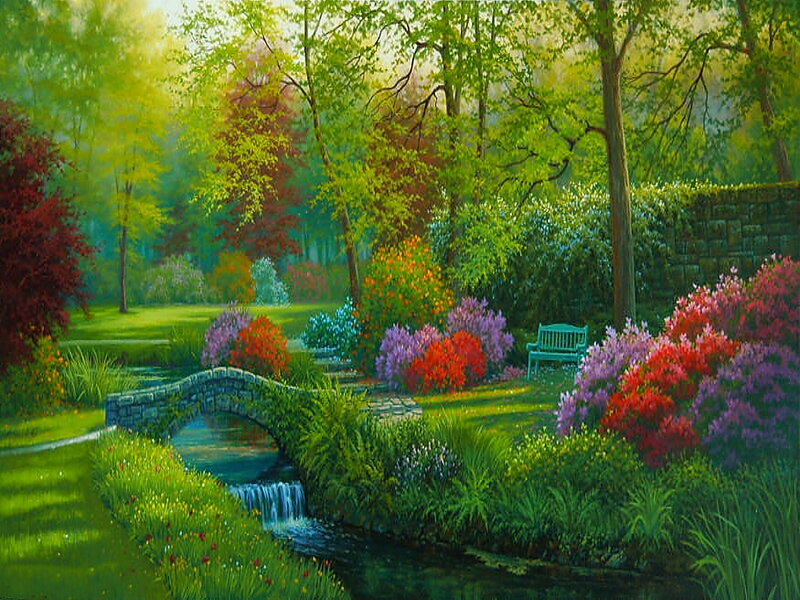 Garden with Stone Bridge — Green, Serene, Morning