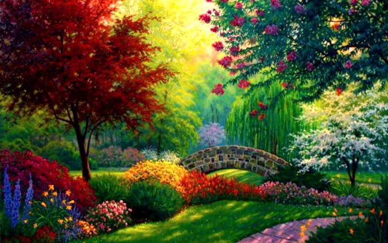 Garden with Stone Bridge — Green, Serene, Spring, Painting