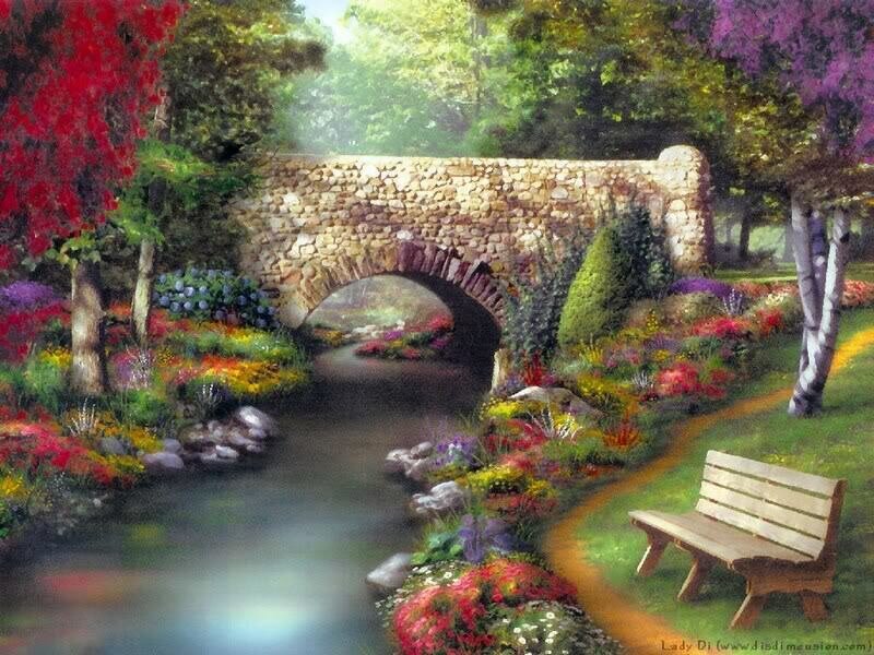 Garden with Stone Bridge — Green, Serene, Spring