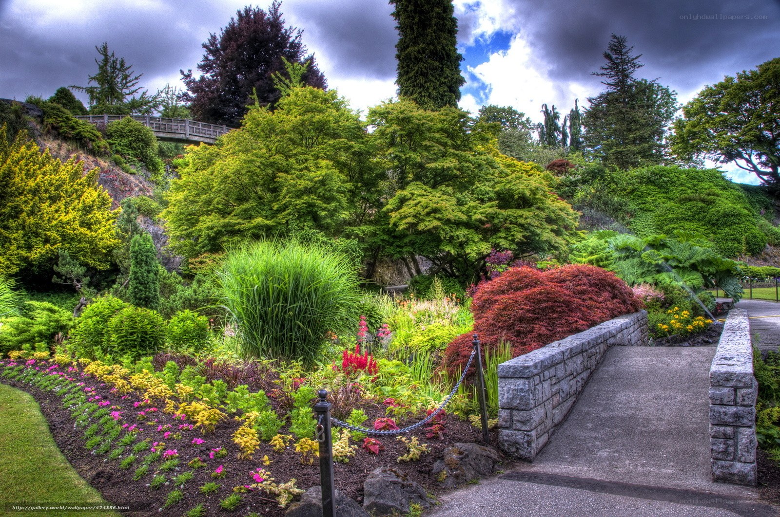 Garden with stone bridge