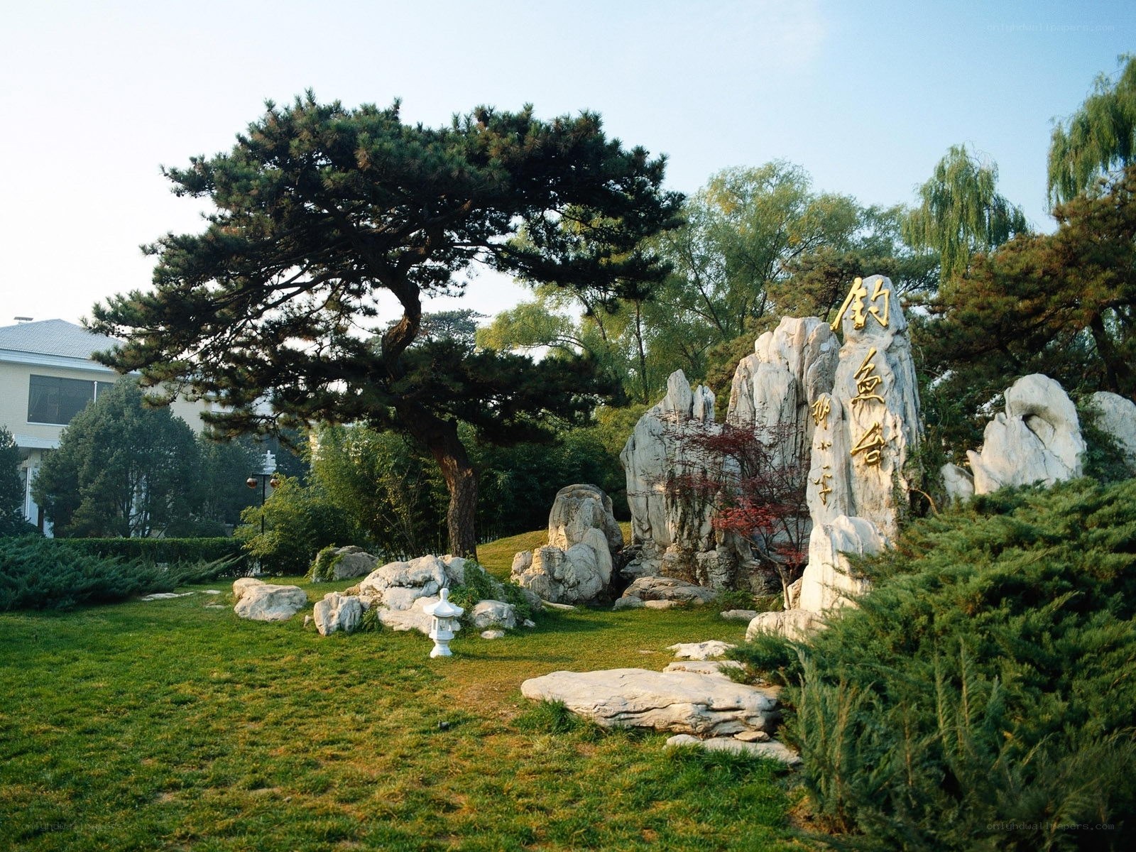 Garden with stone carving