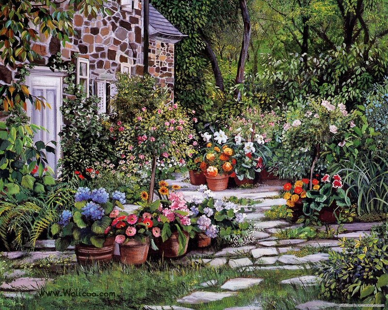 Garden with Stone Path — Green, Serene, Afternoon, Painting, Potted Plants