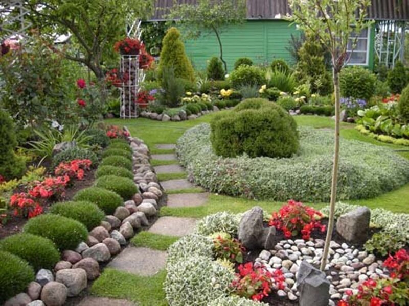 Garden with Stone Path — Green, Serene, Afternoon, Photograph, Flowers