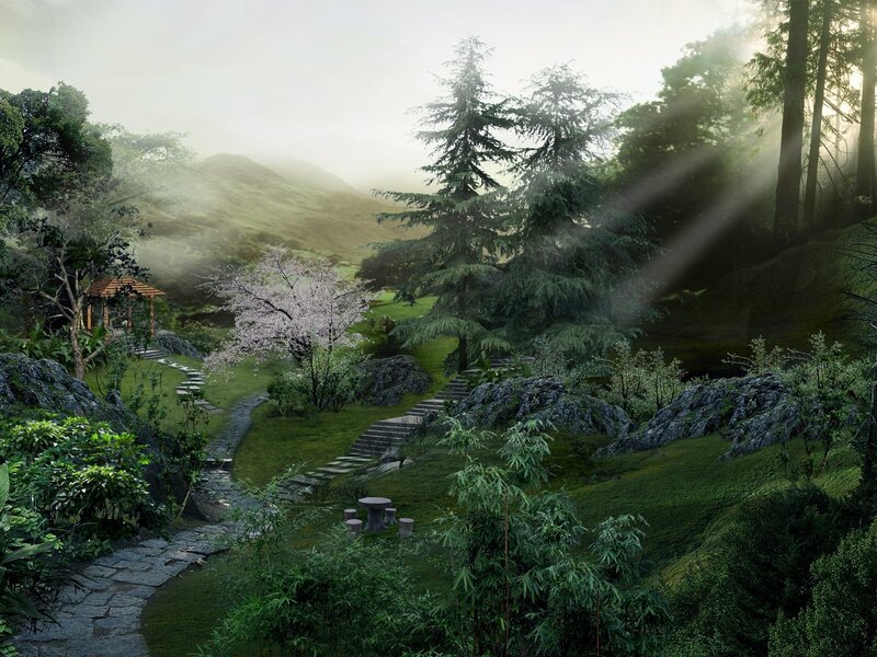 Garden with Stone Path — Green, Serene, Morning, Digital Art, Trees
