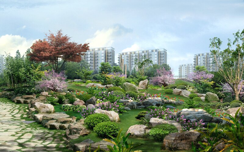 Garden with Stone Path — Green, Serene, Spring, 3d Render, Trees, Flowers, Rocks
