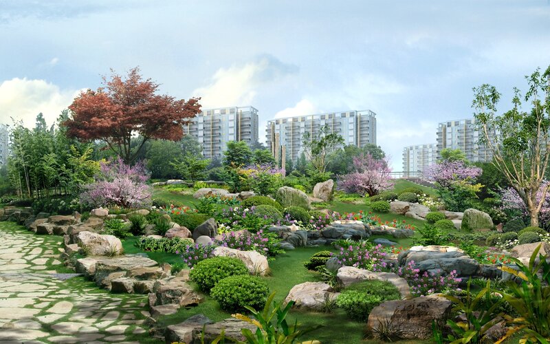 Garden with Stone Path — Green, Serene, Spring, 3d Render, Trees