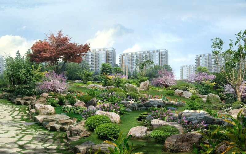Garden with Stone Path — Green, Serene, Spring