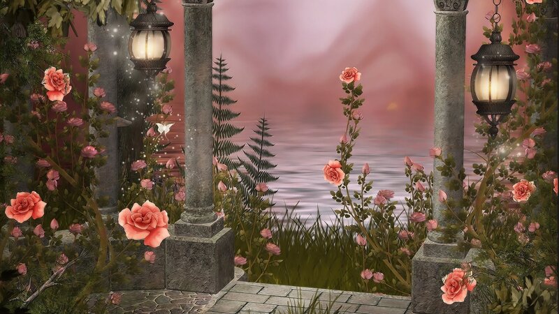 Garden with Stone Pillars — Pink, Serene