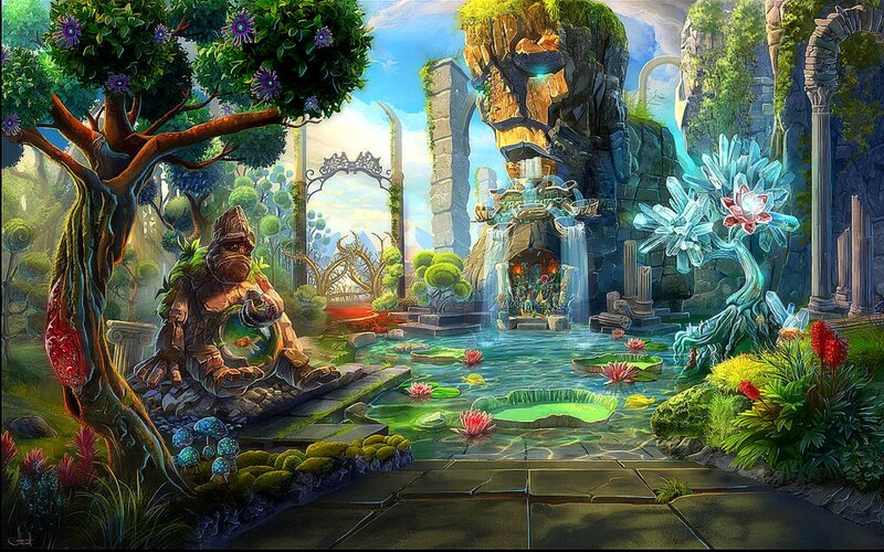 Garden with Stone Statue — Green