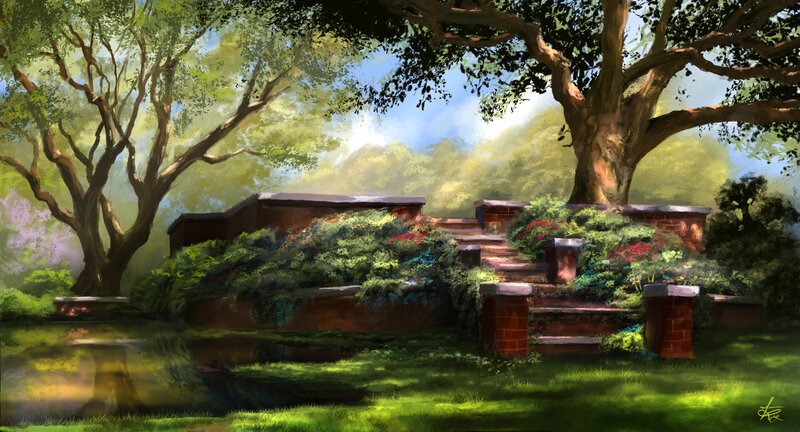 Garden with Stone Steps — Green, Serene, Afternoon, Digital Art