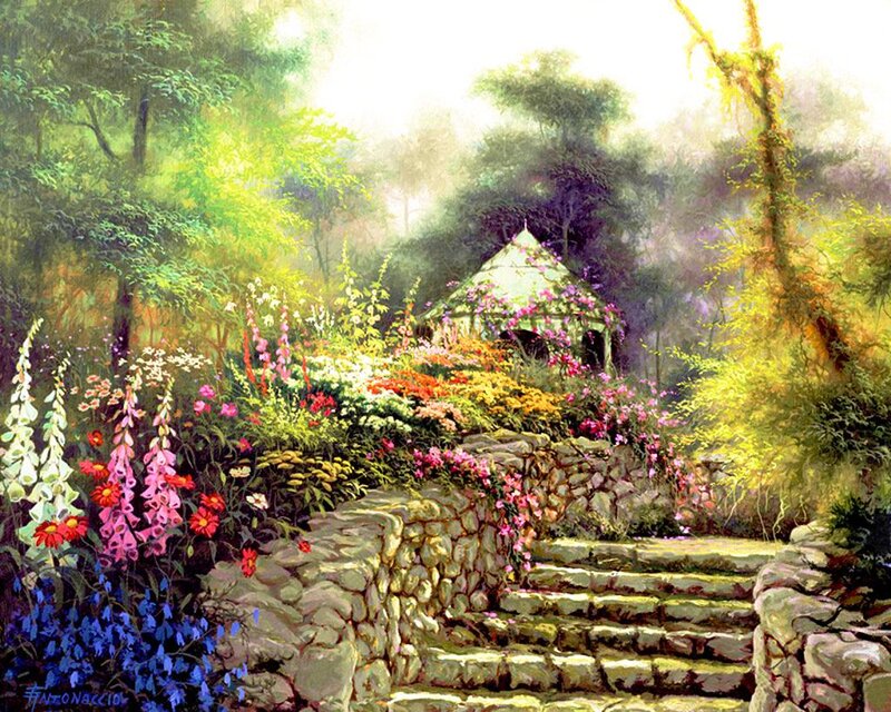Garden with Stone Steps — Green, Serene, Morning, Painting
