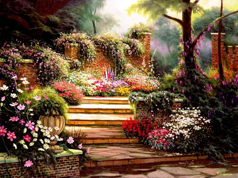 Garden with Stone Steps — Green, Serene, Morning