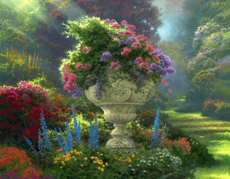 Garden with stone urn