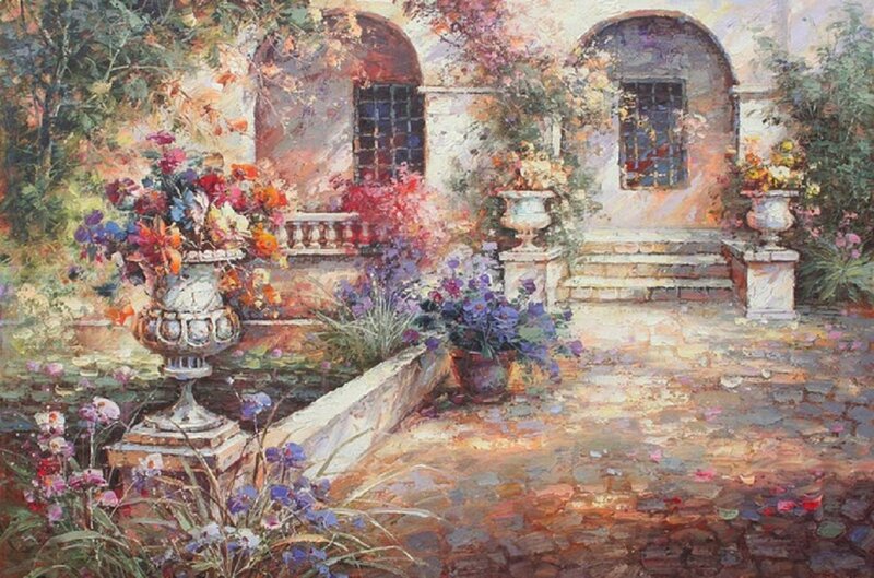 Garden with Stone Urns