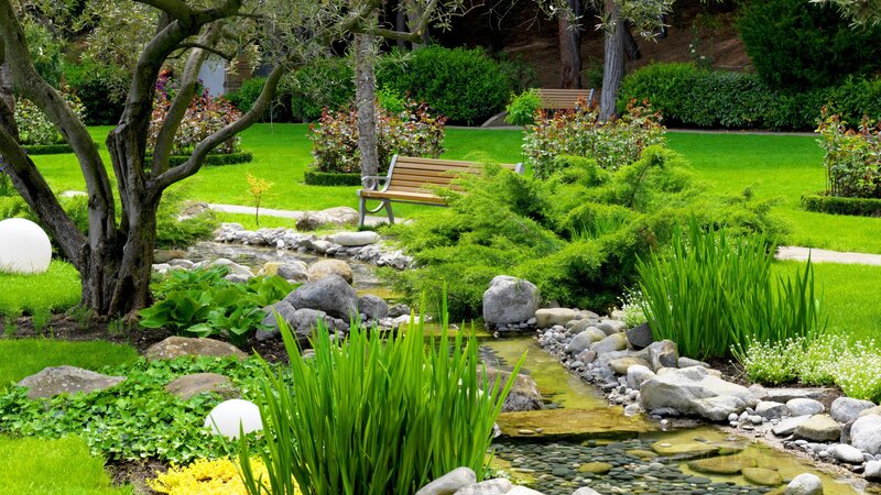 Garden with Stream and Bench — Green