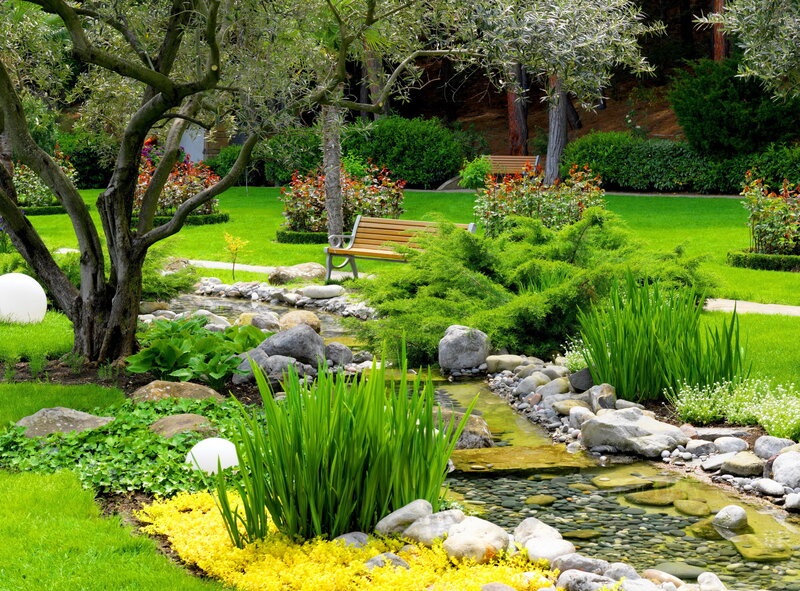 Garden with Stream and Bench