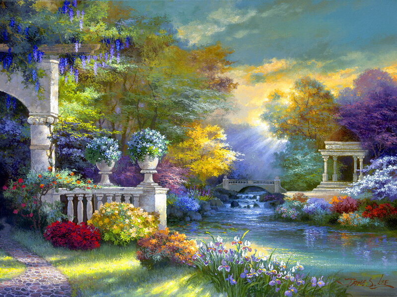 Garden with Stream and Bridge — Green, Serene