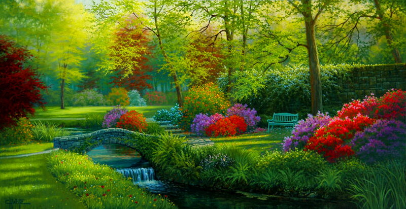 Garden with Stream and Bridge — Green