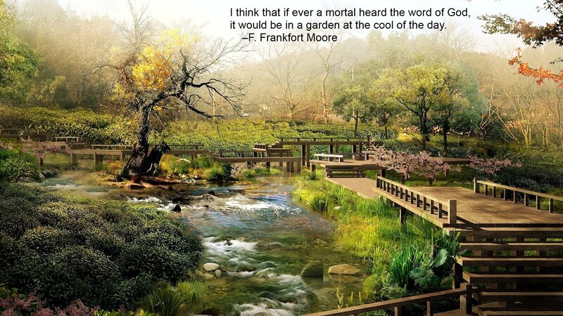 Garden with stream and bridge
