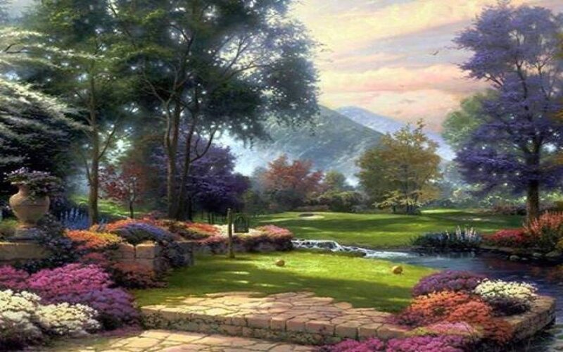 Garden with Stream and Flowers — Green, Serene