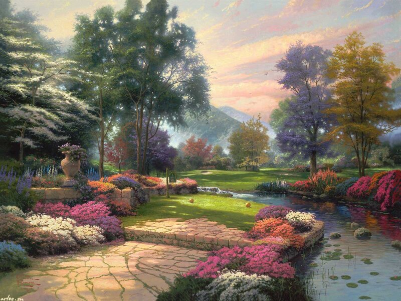 Garden with Stream and Flowers — Green