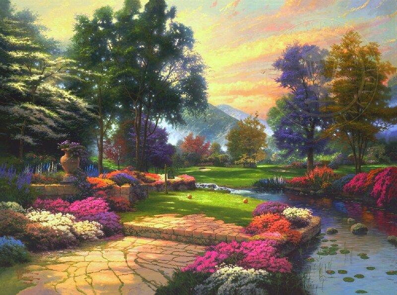 Garden with Stream — Green, Serene, Sunset