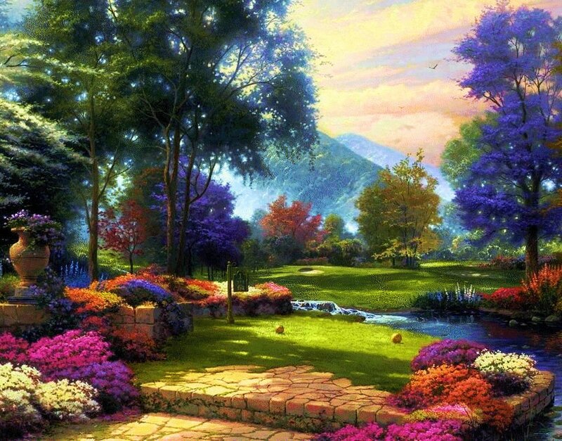 Garden with Stream — Green, Serene