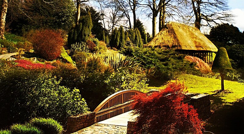 Garden with thatched hut and bridge