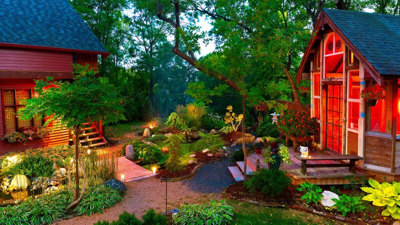 Garden with Two Cabins — Green, Serene