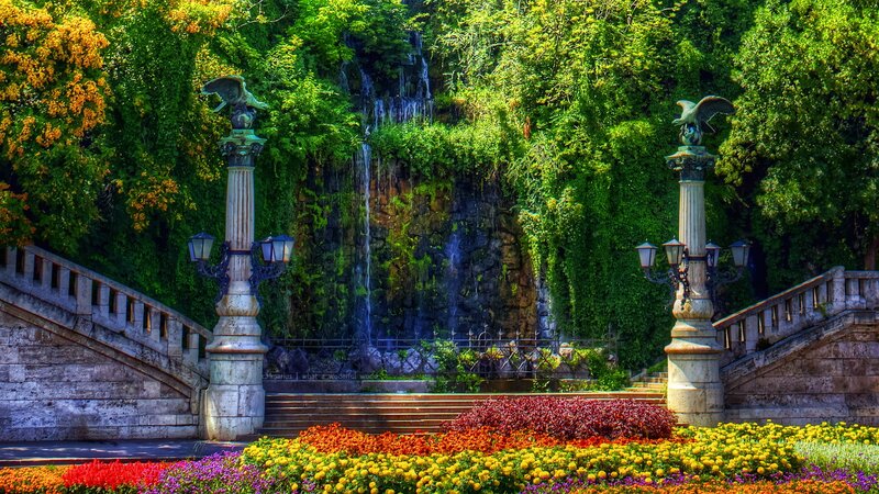 Garden with waterfall and eagles